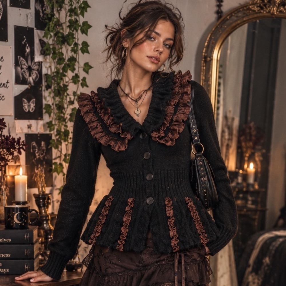 Whimsygoth Ruffle Cardigan Avant-garde Victorian Gothic Romantic Sweater SZ M